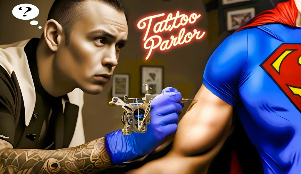 confused man giving superman a tattoo in tattoo parlor