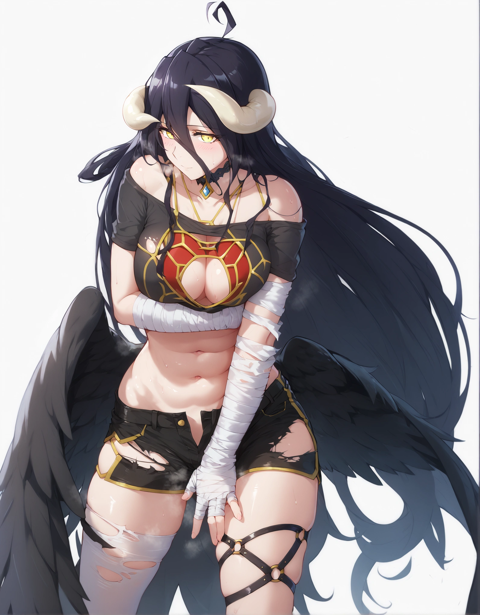 score_9, score_8_up, score_7_up, score_6_up, uncensored, albedo, long hair, black hair, horns, demon girl, demon horns, albedo (overlord), hair between eyes, yellow eyes, slit pupils, naughty face, shiny skin, sweating, steaming body, heavy breathing, BREAK (masterpiece:1.2), best quality, high resolution, unity 8k wallpaper, (illustration:0.8), (detailed eyes:1.3), extremely detailed face, perfect lighting, extremely detailed CG, (anatomically correct, perfect hands, perfect anatomy), 1girl, bandages, solo, bandaged_arm, choker, breasts, black_choker, collarbone, torn_clothes, navel, torn_shorts, looking_at_viewer,