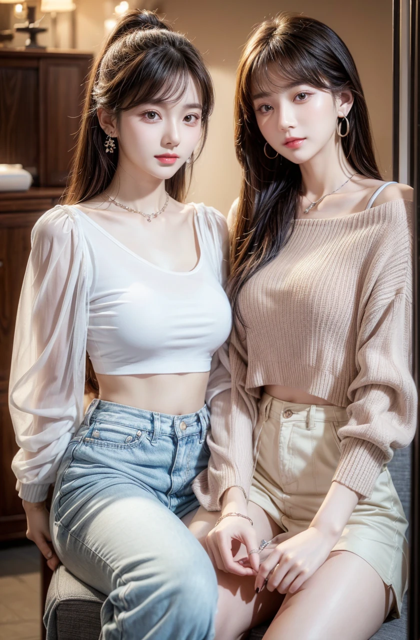 practicalphotography，22 years old，portrait，full Body，Korean，（Mature：1.3），2 girl，beautiful girl，arrogant，Sitting in a large classroom chair，（necklace、earrings、bracelet：1.1），（Environmental details：1.3），（Original image、CG Unity、photography、Ultra-practical details、Clear focus、Delicate skin、4K、high resolution、masterpiece、Best quality、practical、Energetic：1.2），（8K、4K、Ultra-high quality、high resolution、major、ish、dramatic），Detailed home background