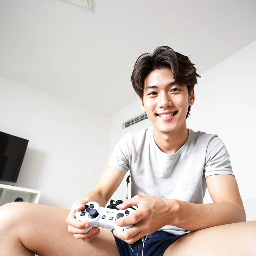 male　youth　university student　Japanese　A refreshing look　holding a game controller in hand　looking at the camera　smile　Wide angle　White background　High tension　