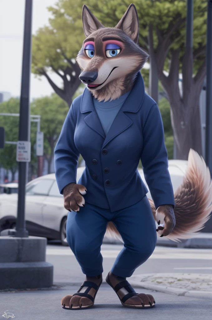 Emilia (Zootopia), wolf, Gray Fur, (brown body:1.3), Blue eyes, Zootopia, makeup,lipstick, dressed,blue blue jacket,shirt,blue pants,sandals with heels, female breast,canine, Wolf, Detailed fur, Female, antro, paw pads, finger claws, At the viewer, 5 fingers, paws, 5 fingers,goes to a women's shoe store and chooses heels,mood,open mouth, flash cameras, loving husband,two children,close to the camera,держит sandals with heels,
BREAK from nextel, for dating, by xenoforge, (difficult, high detail, film photography, soft focus, RAW, fluororealism, realistic, photorealistic, digital style, Subsurface scattering,in a women's shoe store,
masterpiece, Best quality, ultra realistic, 8 k)
