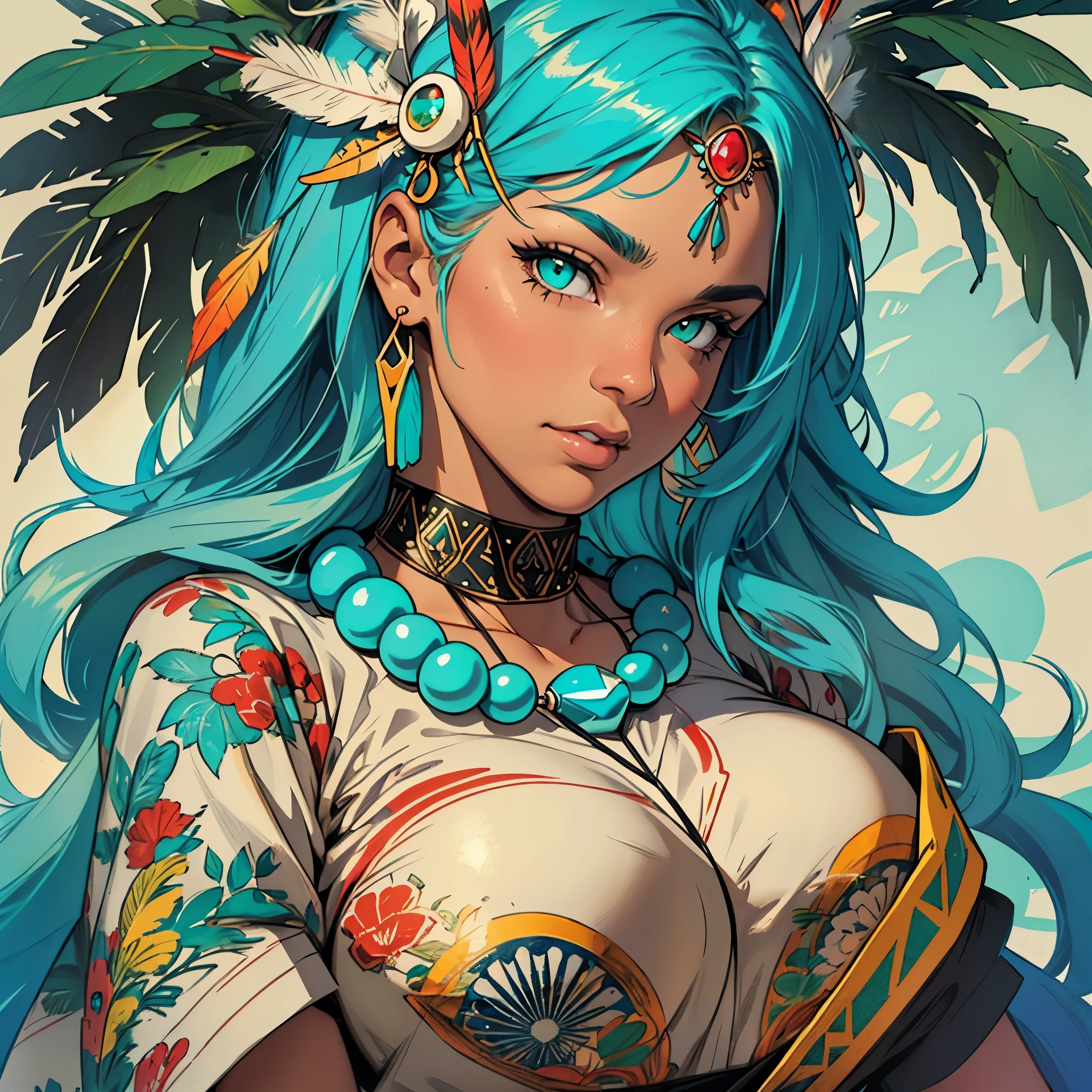 (((ultimate best quality))),((((solo:1.12)))),((((1girl:1.12)))),((((beautiful perfect woman)))),(((detailed perfect body, detailed perfect finger,detatiled perfect face))),(((bust up, close up))),(((((American comics))))),(((extreme highlights))),(((Extremely colorful, primary colors))),(cleavage, big breast)),(((perfect beautiful lady))),((((various angles))),((((detailed Indian,Tribe, Navajo, feather ornament)))),((((black skin)))),(((indigenous peoples))),(((owl,turquoise,Ivory Necklace)))