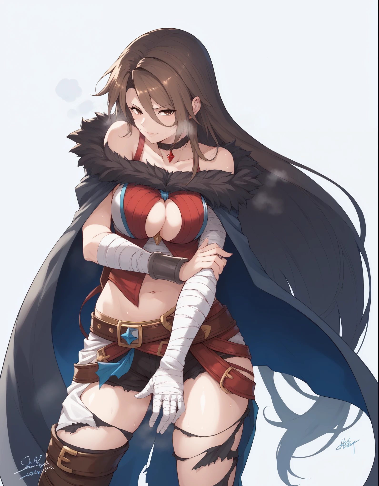 score_9, score_8_up, score_7_up, score_6_up, uncensored, katalina \(granblue fantasy\), long hair, parted bangs, brown hair, brown eyes, naughty face, shiny skin, sweating, steaming body, heavy breathing, BREAK (masterpiece:1.2), best quality, high resolution, unity 8k wallpaper, (illustration:0.8), (detailed eyes:1.3), extremely detailed face, perfect lighting, extremely detailed CG, (perfect hands, perfect anatomy), looking at viewer, 1girl, bandages, solo, bandaged_arm, choker, breasts, black_choker, collarbone, torn_clothes, navel, torn_shorts, looking_at_viewer, 