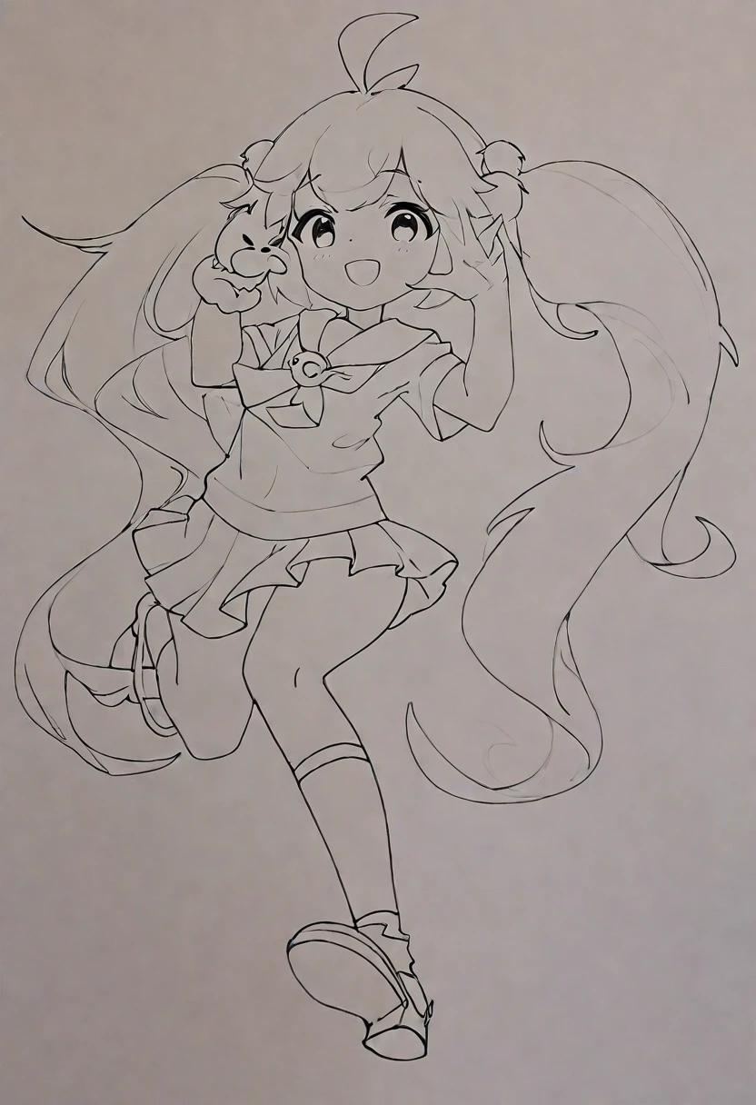 A painting of a long-haired girl holding a cat, clean Line Art, Clear anime silhouette, perfect Line Art, simple Line Art, thick Line Art, Line Art, thick black Line Art, Line Art!!, bold Line Art, , outLine Drawing, posture(Raise your arms + Happy), Line Drawing!!, pudica posture gesture