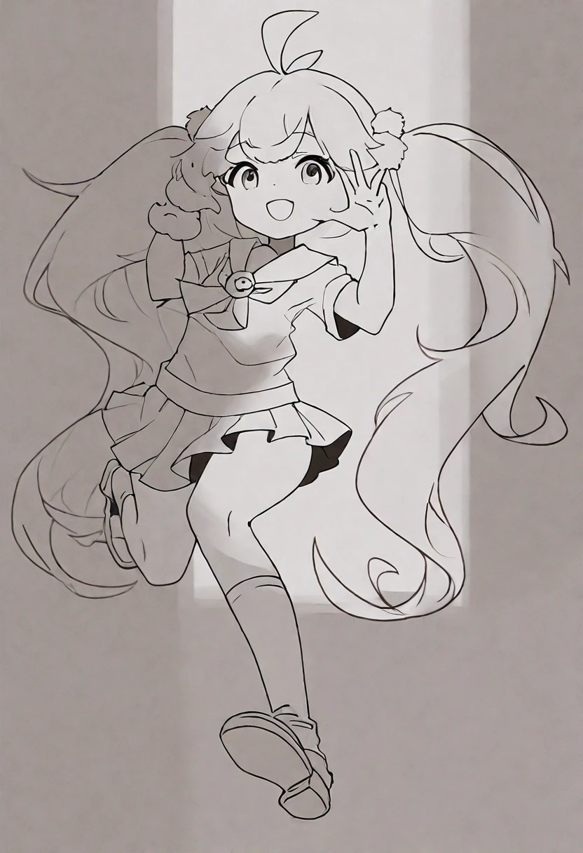 A painting of a long-haired girl holding a cat, clean Line Art, Clear anime silhouette, perfect Line Art, simple Line Art, thick Line Art, Line Art, thick black Line Art, Line Art!!, bold Line Art, , outLine Drawing, posture(Raise your arms + Happy), Line Drawing!!, pudica posture gesture
