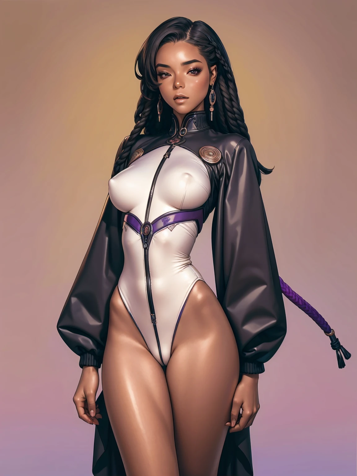 (((with your back to the viewer))), (((best qualityer))), (((perfectbody))), (((1girl))), Beautiful African American woman in oriental cyberpunk jacket, (((glossy black skin))), (((fully body))), (((dental floss))), (((afro girl))), (((coxas nuas))), (((DuneWalker))), high collar, digitalpainting, matte red, Digital illustration, extreme detail, digitl art, 4K, ultra HD. Your skin is deep, rich color and her hair is pulled back into two braids, (((best qualityer: 1.4))), (Unbeatable masterpiece), (hiper HD),(CG 8k hyper-realistic), (((brave face))), (((breasts big))), (((hyper feminine))), sexly girl, Tron,, ((( sculptural body ))), (((1 Kizi))), Kizi cibernética de 25 anos com perfectbody,,Beautiful and well-groomed face,muscular body:1.2,solid color detailed jacket, (Head to thigh photos), Complex equipment, green dark,long pants,Tight clothes are dark,With white stars and off-white stripes,,,,,Armor Metal Electronic Parts, Poison tattoos ) INFO, Kizi, (((standing alone))), pirralha violent, ((())), sexly, pose de atitude, work of art, post-apocalypse, (((manga style))), bounty hunter, violent, Manic, the way you want, slenderbody, thin but strong, perfectbody, roupa moderna, advanced technology, neon, sleeves with vertical striped pattern, neutral background, (( cowboy shot )). in the background a wall with intricate graffiti
