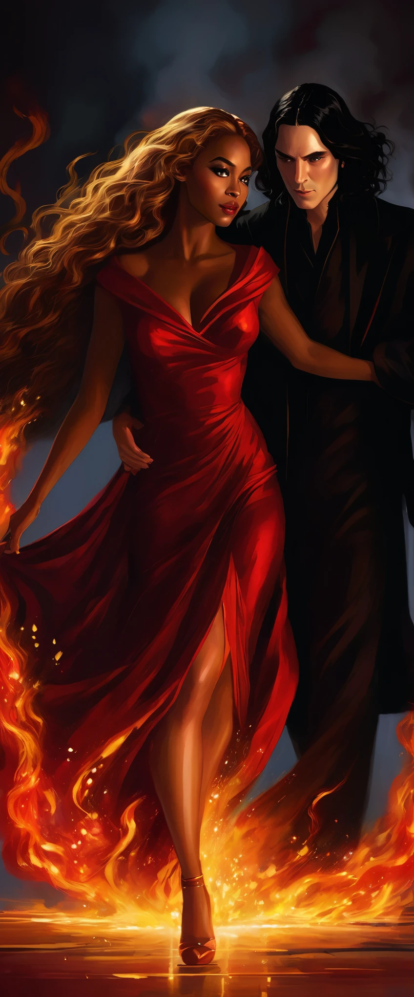 - Scene: Create an image of two people in love in a setting of mystery and passion.
- Woman's Appearance:
- Resembles Beyoncé
- Brown skin
- Long, golden blonde curly hair
- Confident and seductive expression
- Wearing a red dress, elegant and form-fitting
- Lips painted a deep, intense red
- Man's Appearance:
- Resembles Severus Snape
- Pale skin
- Large nose
- Black, straight hair falling around his face in a somber manner
- Serious and intense expression
- Wearing a black cloak, contrasting with the flames around them
- Atmosphere:
- Surrounded by flames, creating a mystical and fiery ambiance
- Soft lighting highlighting their faces, enhancing the sparkle in their eyes
- Flames adding an element of intensity and mystery to the scene
- They are close to each other, gazing intensely into each other's eyes, exuding a strong emotional connection