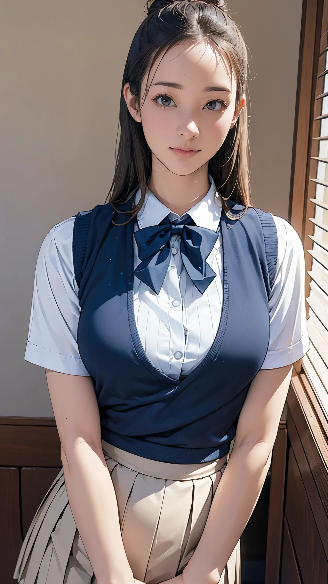 (nsfw),adult curvy woman,dark brown hair,27 years old,(fair skin,thick arms:1.3),fromside,at home,pubic hair,on bed,white collared torn shirt,bowtie,navy pleated skirt,blued