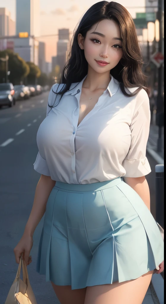 Highest quality、(Perfect Anatomy)、Photorealistic, Realistic, ( Intricate details, Depth of written boundary)、Hyperrealism, 8K, Highest quality, Super detailed, retina, Very detailed, Perfect Face, Perfect body, Huge breasts, narrow, Very big ass, Glamour,Straight Hair、Beautiful woman,Black-haired、Japanese Goddess、 Perfect appearance, smile, Oily skin、Glowing Skin、Natural soft light, Anatomically correct((Full Body including thighs)),((SFW:1.5)),
On the way home from school、Female Mr.、Light blue blouse、Navy long skirt、Sunset in the city