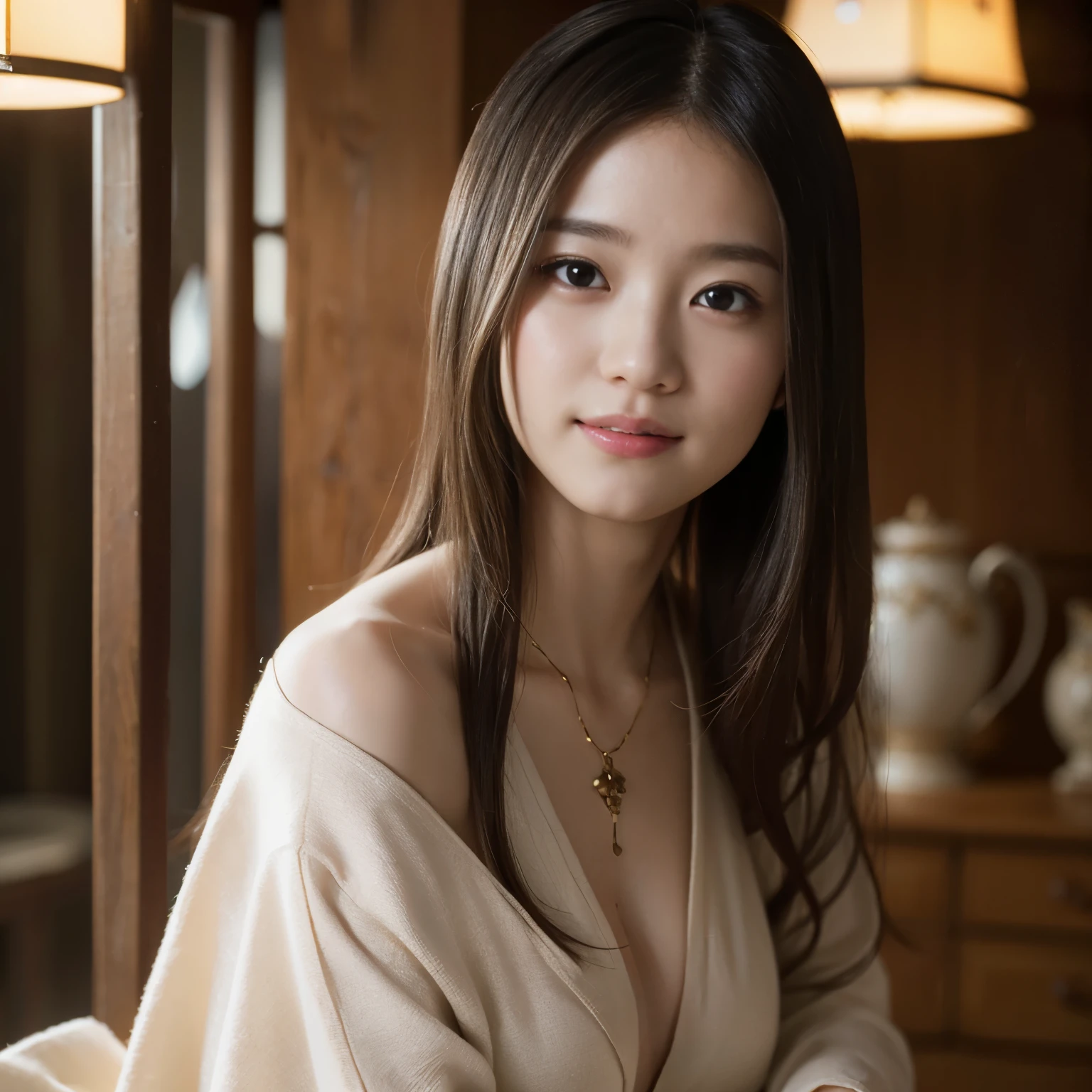 (1 girl)、highest quality、masterpiece、超A high resolution、(Photoreal:1.4)、Raw photo、Only one girl、Naked、Shadow、octane rendering、8K、intricate decorative details、Japan details、very intricate details、realistic light、(mysterious look)、shining eyes, smiling, dancing
