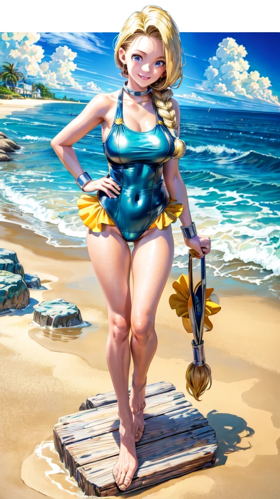 (masterpiece, highest quality:1.2), 1 girl, solo, 1 girl, Bianca, DQ5, illustration, anime style, long hair, blonde hair, single braid, blue eyes, smiling, Yellow ruffled one-piece swimsuit, beach, full body standing pose