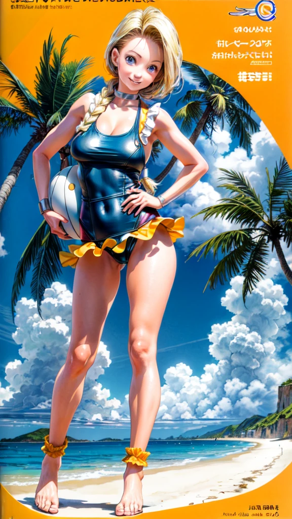 (masterpiece, highest quality:1.2), 1 girl, solo, 1 girl, Bianca, DQ5, illustration, anime style, long hair, blonde hair, single braid, blue eyes, smiling, Yellow ruffled one-piece swimsuit, beach, full body standing pose