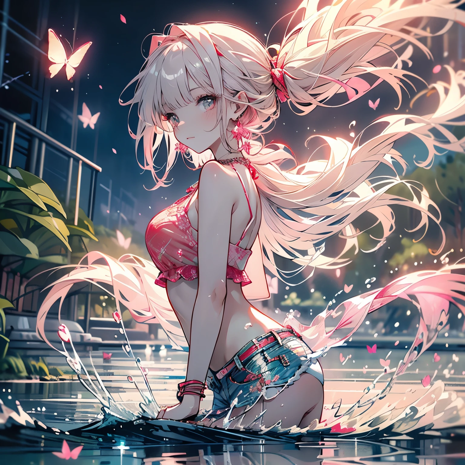 looking back,low angle,from below,
(beautiful pink and green butterflies and dragonflies all over the place),colorful flowers,fantasy beams and lights,
((masterpiece:1.4, best quality)), ((masterpiece, best quality)),low angle,beautiful pony tail silver red hair,beautiful red eyes,little cute girl,wet full body, bathing in the water,water falls,water splash,lovely laugh,denim shorts,pink and red baseball cap, ((pink and red elegant string tied summer bikini)), (Lace chalker, wristband, diamond necklace,earrings),cinematic lighting and pause,beautiful natural mysterious park,night sky,full moon,(beautiful pink and green butterflies and dragonflies all over the place),