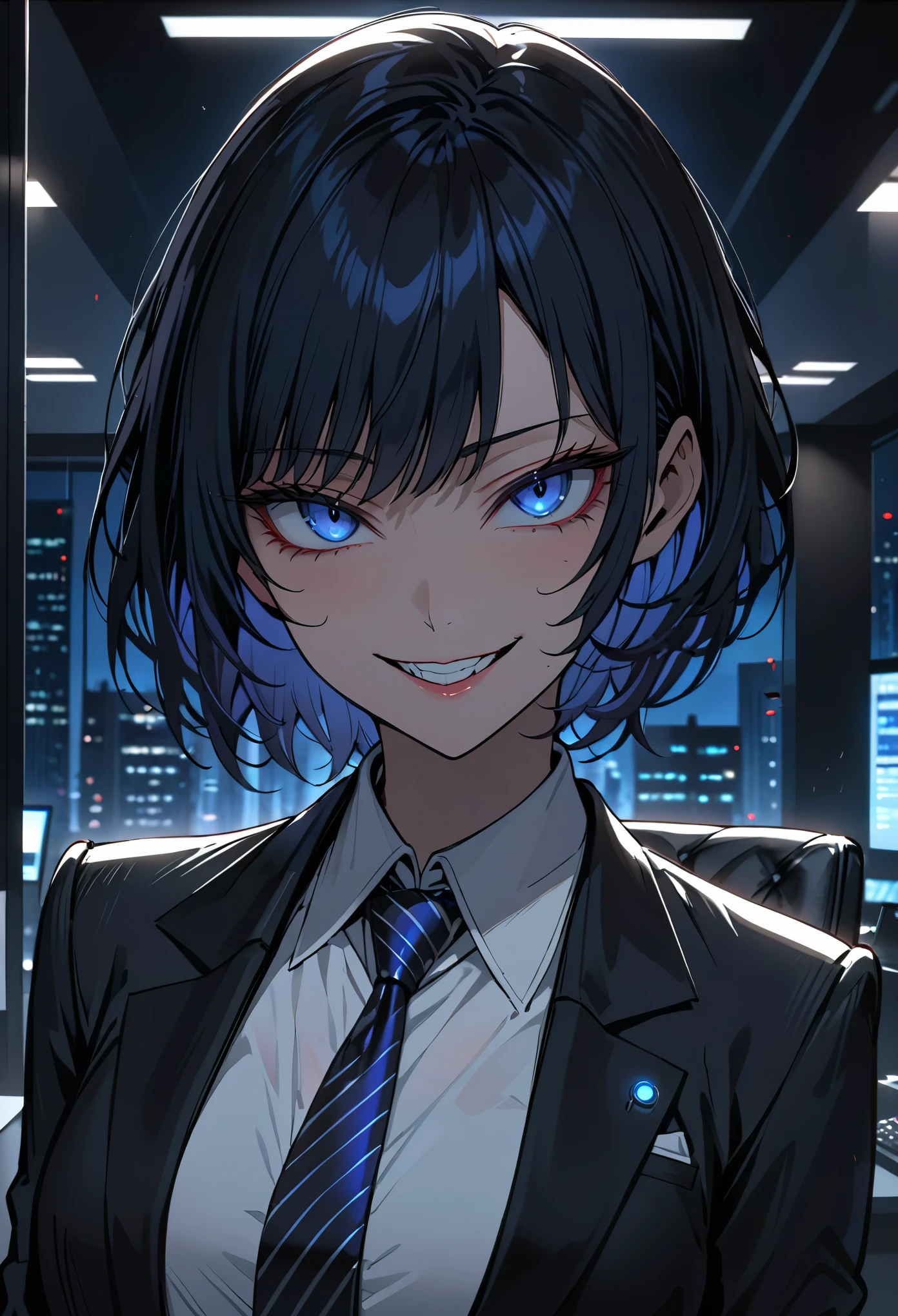 female, solo, close up, black business suit, short hair, black hair, dark blue eyes, night, luxurious government office, indoors, sinister smile, politician, wink, blue tie, white shirt, yandere