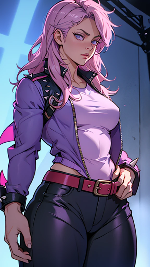 Highly detailed, 1 girl, solo, muscled, 2 toned Blondie hair, detailed eyes, lavender Rose colored eyes, busty, BLUE jacket, Tight shirt, spiked belt, Tight Lycra pants
