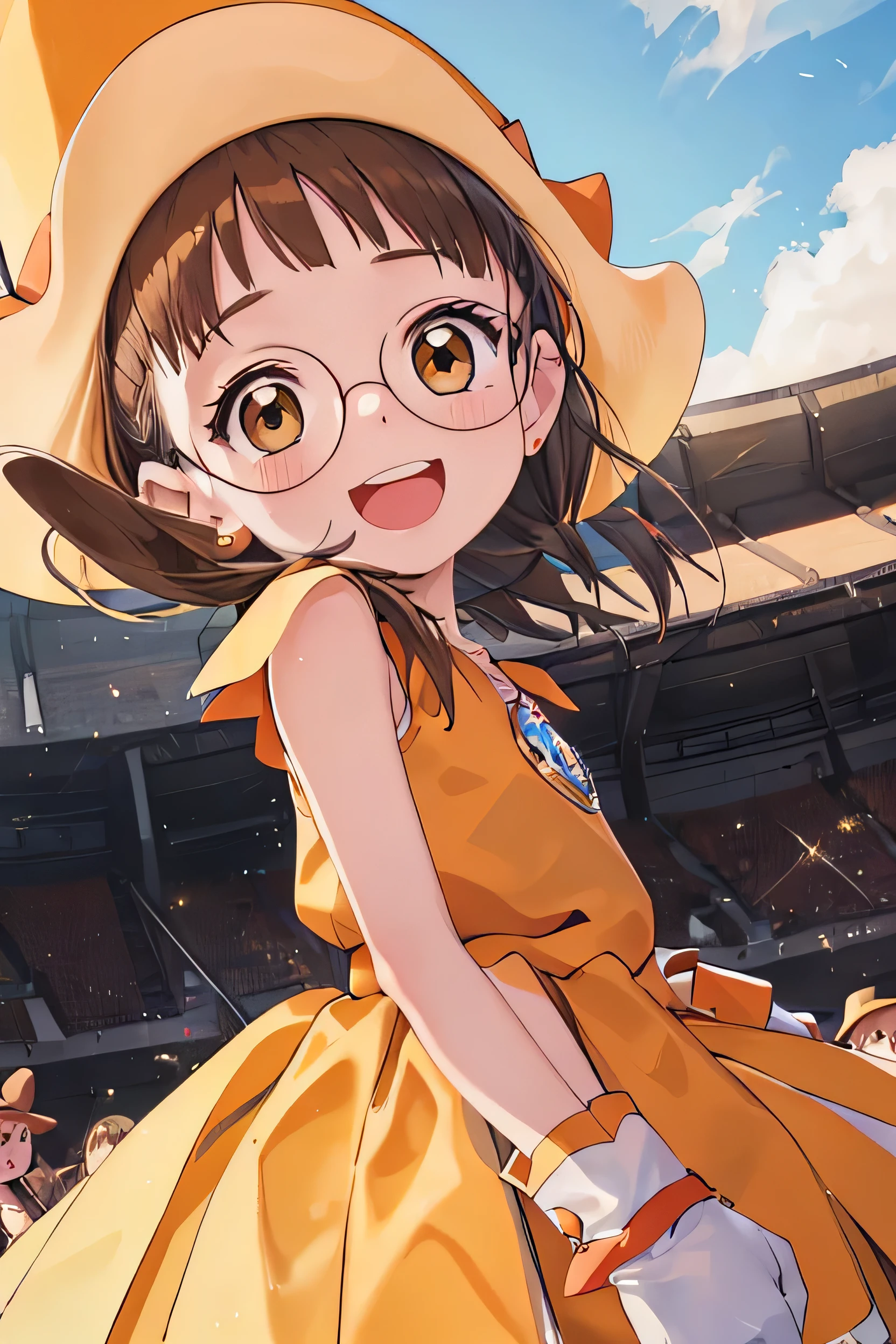 One girl,Looking_in_Audience,Pause,stylish_Pause,Viewer view from below, Looking into the camera, young age , smile, Cowboy Shot, look up, Open your mouth, sunlight, Backlight, whole body,
