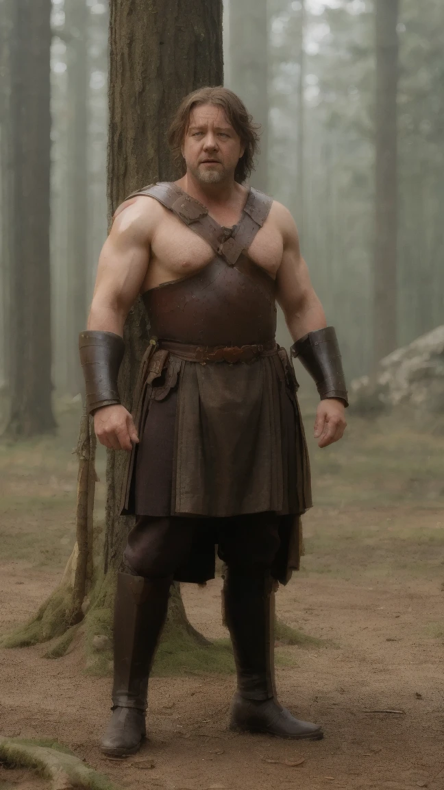 masterpiece, detailed, intricate, epic fantasy, colorful, full body, slight angle, man, 60 years old, hulking, brawny, ankle wraps, very hairy chest, skimpy revealing outfit, receding hairline, smirk, mercenary, blades, big ancient city gates, pointing away, depth of field, particle effects, high quality shadows