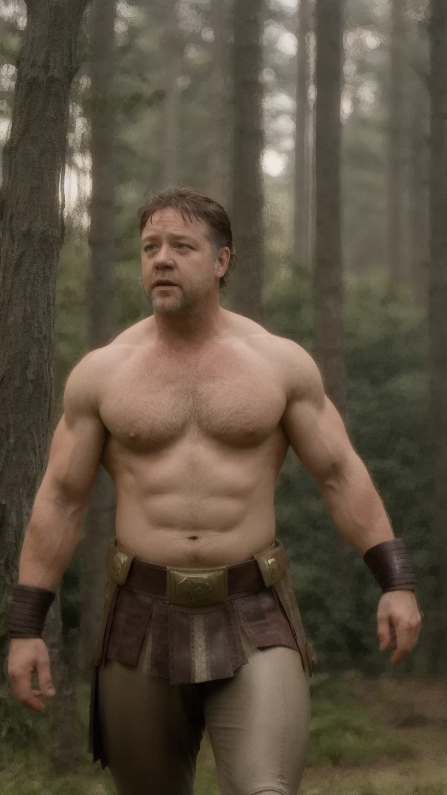 russell crowe as roman soldier, bodybuilder body, full armor, in the forest, hiper realistic,cinematrographic pic super high quality