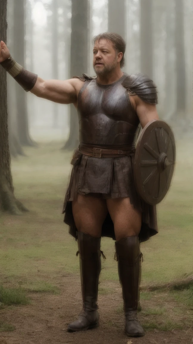 russell crowe as roman soldier, bodybuilder body, full armor, in the forest, hiper realistic,cinematrographic pic super high quality