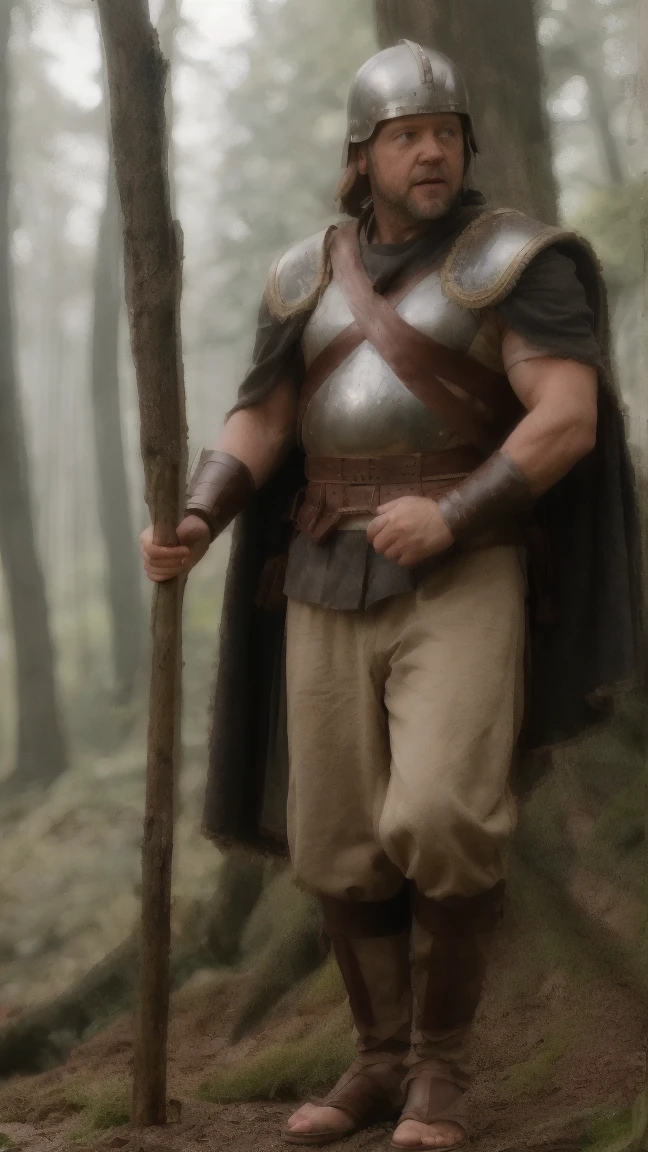 russell crowe as roman soldier, bodybuilder body, full armor, in the forest, hiper realistic,cinematrographic pic super high quality