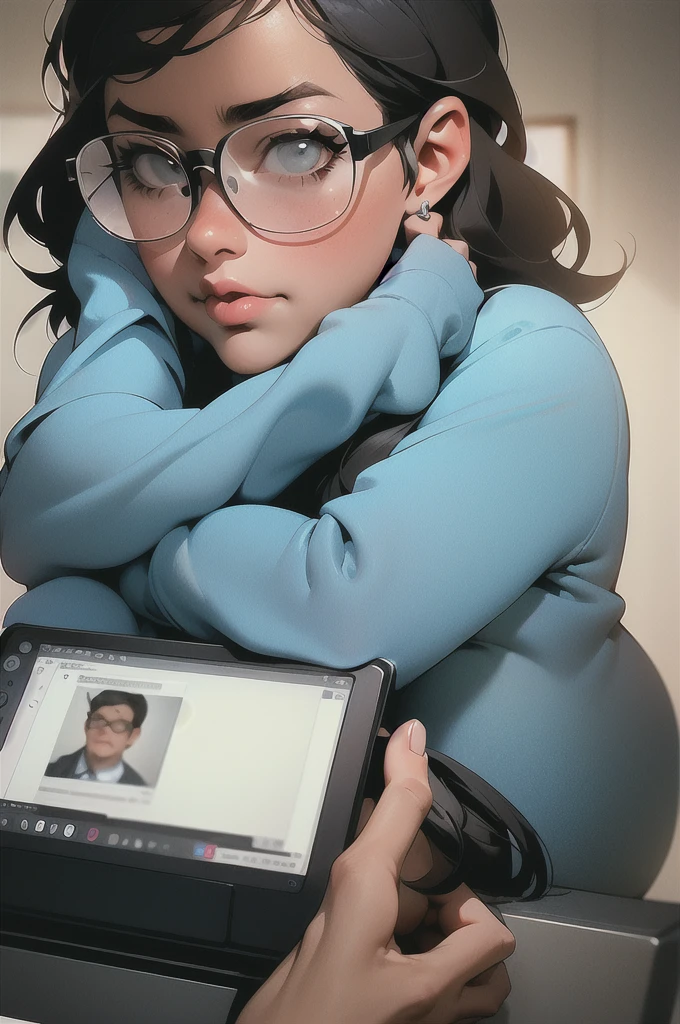 A girl sitting in front of the computer, with big glasses and a chubby body, With black hair