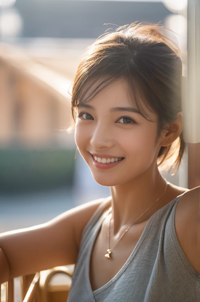 Front view,(((Masamisuno))),(in 8K, top-quality, masterpiece:1.3, 超A high resolution, A hyper-realistic), high detailing, ((Face like the real thing)), Photorealsitic, Raw foto, ((one beautiful women)), 27yo, Detailed face, beautidful eyes, realisticeyes, Eyes in Beautiful Details, (real looking skin), Beautiful skins, enticing, depth of fields, hight resolution, High pixel count, clear details, sharp photo, Natural color reproduction, Noise Reduction, High fidelity, quality, Software Updates, Optimized algorithms, Stylish café terrace, Everyday clothes, Neat and clean clothing, perfect bodies, face perfect, perfect chest, perfect teeth, Perfect tooth alignment, , Sexy lips, Ears are visible, Looking away, Natural perspective, (Don't look into the viewer's eyes), a smile, kindly smile, Beautiful skins, enticing, the golden ratio, (Detal Face:1.2), profetional lighting, Lighting the face, best light, japanes,japanaese girl, Photo of a cute Japanese woman, Small necklace, Thin Silver Necklace, simple background, (Photo from the side:1.2), Casual pose, Short hair swaying in the wind
