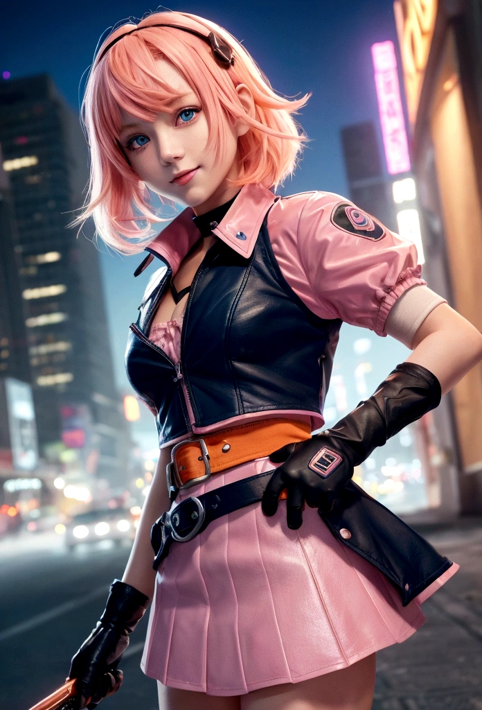 One girl,Cowboy Shot, Beautiful Nora_Valkyrie, View your viewers, smile, short hair, blue eyes,Heart Cutout, gloves,  Jacket, Pink Skirt, Pink Belt, Short sleeve, Puffy sleeves, Wrist Seal, fingerless gloves, Orange Hair, pink gloves, Dynamic pose, night, Outdoor, city, (Volumetric lighting), Highest quality, masterpiece, Intricate details, Tone Mapping, Sharp focus, Super detailed, Trending on Art Station,