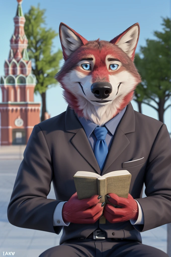 Ivan Wolfbach (Moscow),high,Beautiful,slim,24 years,wolf, red fur,high Beautiful wolf, 24 years,(red body:1.3),beautiful blue eyes,Moscow россия, shirt tie, trousers,canine, wolf, detailed fur, male, antro, paw pads, finger claws, at viewer, 5 fingers, paws, 5 fingers,day,digital photography, soft focus,good mood,photorealism, realistic, photorealistic,digital style,sitting close to home, writes a book, Poet, Very close to the camera, digital photography, smile positive, good,mood,,close to the camera, дома квартире writes a book,
masterpiece, Best quality, ultra realistic, 8 k)