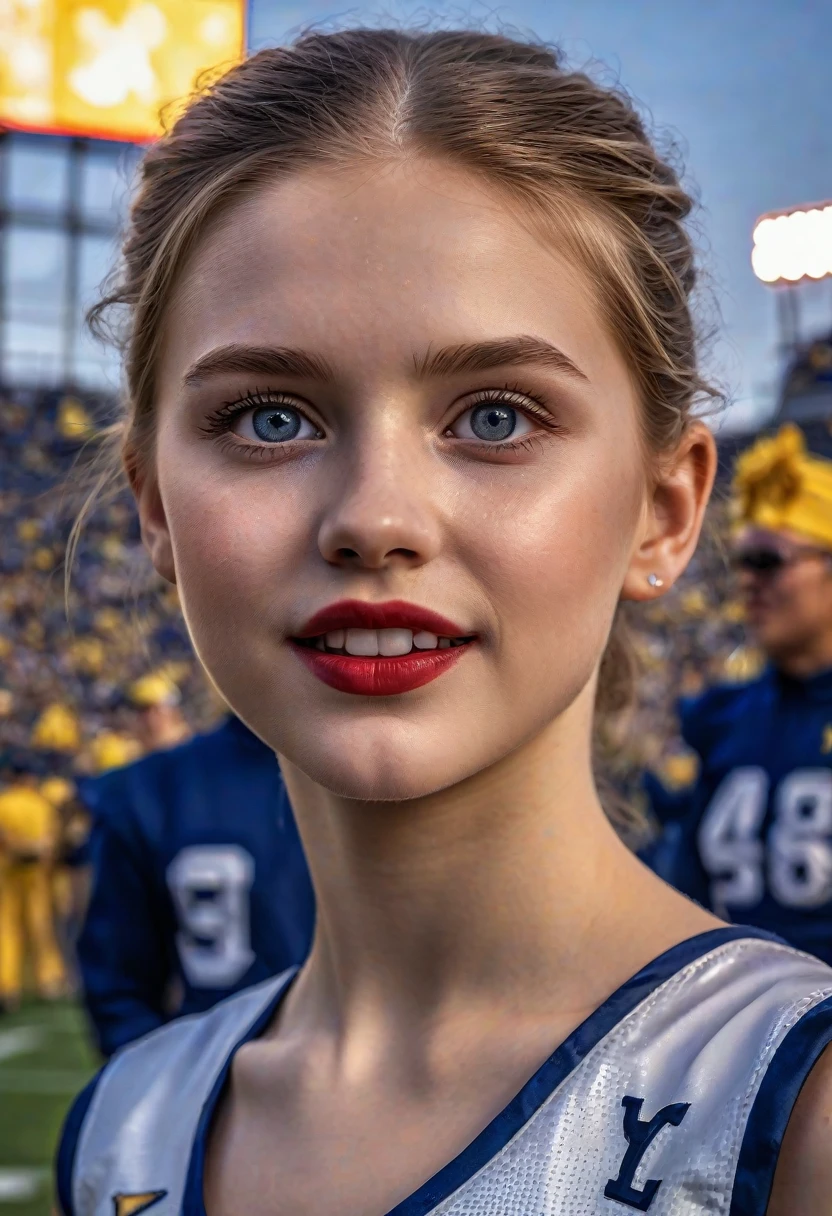 1girl, full length portrait, 9:16 aspect ratio, wide angle lens, McKenna Grace in University of Michigan cheerleader uniform by Under Armor, sheer shiny shimmering silky tan pantyhose by L'eggs, 5 inch maize high heeled pumps by Louis Vuitton, holding pompoms, cheering at Michigan Stadium, beautiful detailed eyes, beautiful detailed lips, extremely detailed face and eyes, long eyelashes, night time, red lipstick, hair in ponytail, (best quality,4k,8k,highres,masterpiece:1.2),ultra-detailed,(realistic,photorealistic,photo-realistic:1.37),HDR,UHD,studio lighting,ultra-fine painting,sharp focus,physically-based rendering,extreme detail description,professional,vivid colors,bokeh,portraits