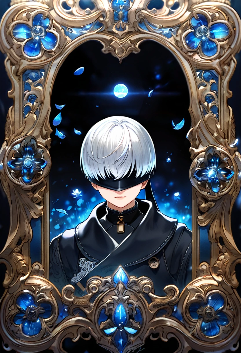 Ultra detailed, highres, absurdres, HDR, master piece, 9S, white hair with bangs, blindfolded eyes, black clothes, black gloves, Nier Automata, blue petals, man, solo, best quality, blue blossoms, blue shining fireflies, fantasy, magical, handsome, blue moon,