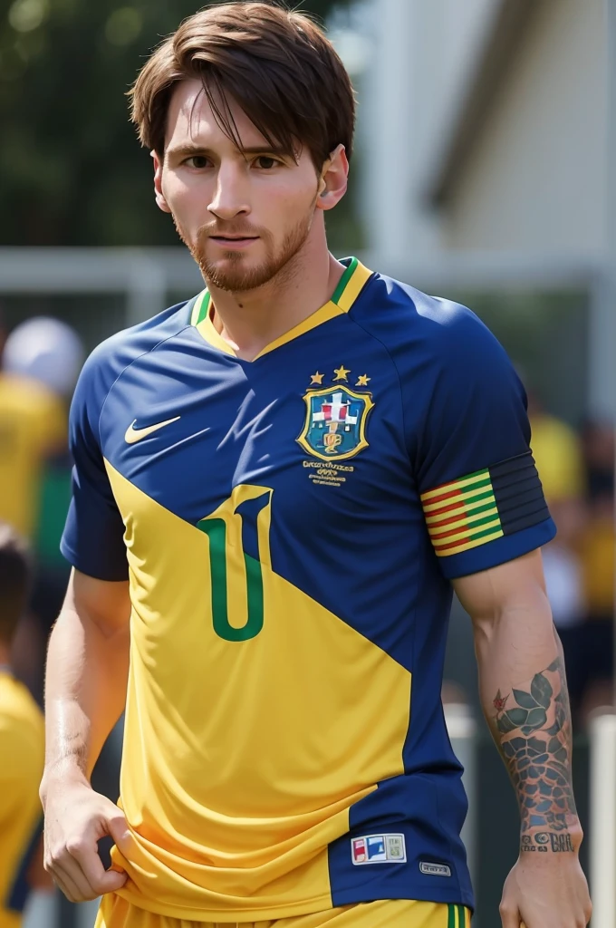 A photograph of football player Messi dressed in the Brazilian national team shirt