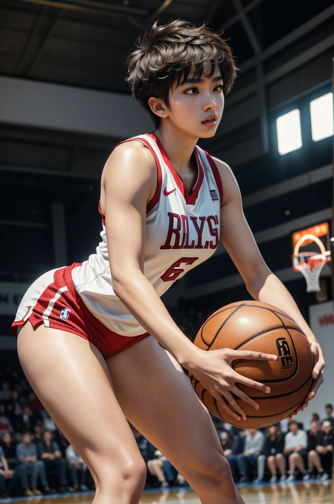 (RAW photo, 4k, masterpiece, high resolution, extremely complex) (realistic: 1.4), cinematic lighting
ung man having long legs, thick thighs, large hips, thin and narrow weist, big male reproductive organs, very small spikey boyish haircut,, Solo Focus, Summer Noon, Hot, 1990s\(Style\), (Best Quality), (Highres), (an Extremely Delicate and Beautiful),,(Beautiful 8k face),(Brown eyes),(ulzzang-6500:1.0),(solo),(Looking side),( spectators),(large breasts),(NBA),bent over,,lookside,(side), ,(Basketball sportswear),((Play basketball)),((gymnasium)),((speed)),(reality), man, man, shaved , hot male