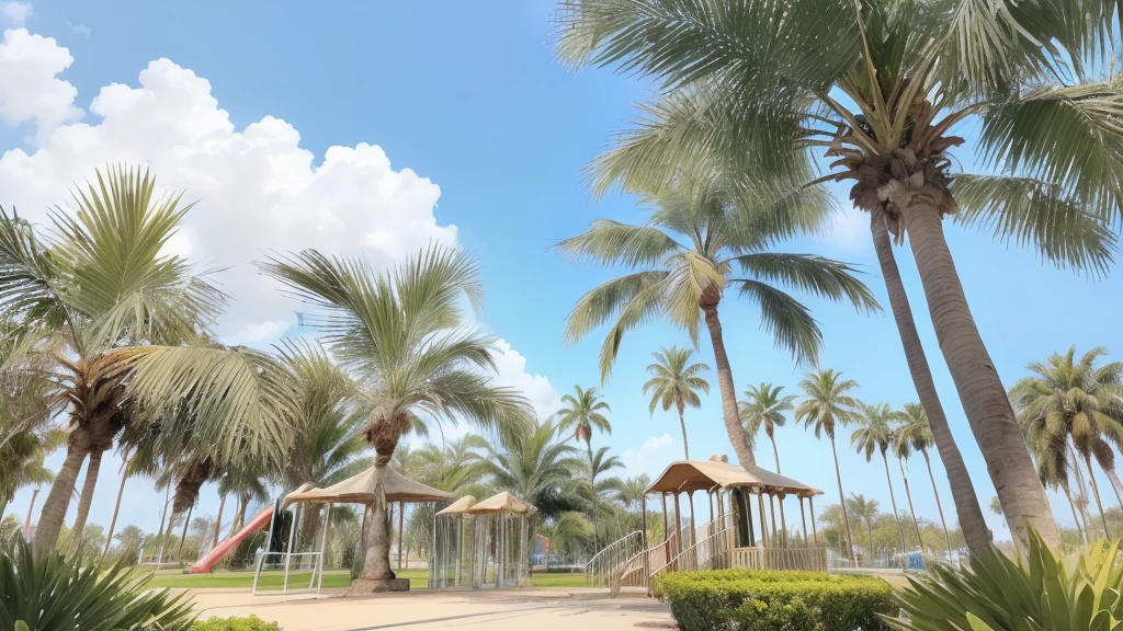 there are two Palm tree in the park with a playground in the background, tree palm in background, Palm tree in the background, date Palm tree, the palm come from the ground, Palm tree, dried Palm tree, ナツメPalm tree, palmの線, Palm tree, Cabbage tree, blessing palm, palm, Unusual trees々, tropical palm, Palm tree, Tropical Trees
