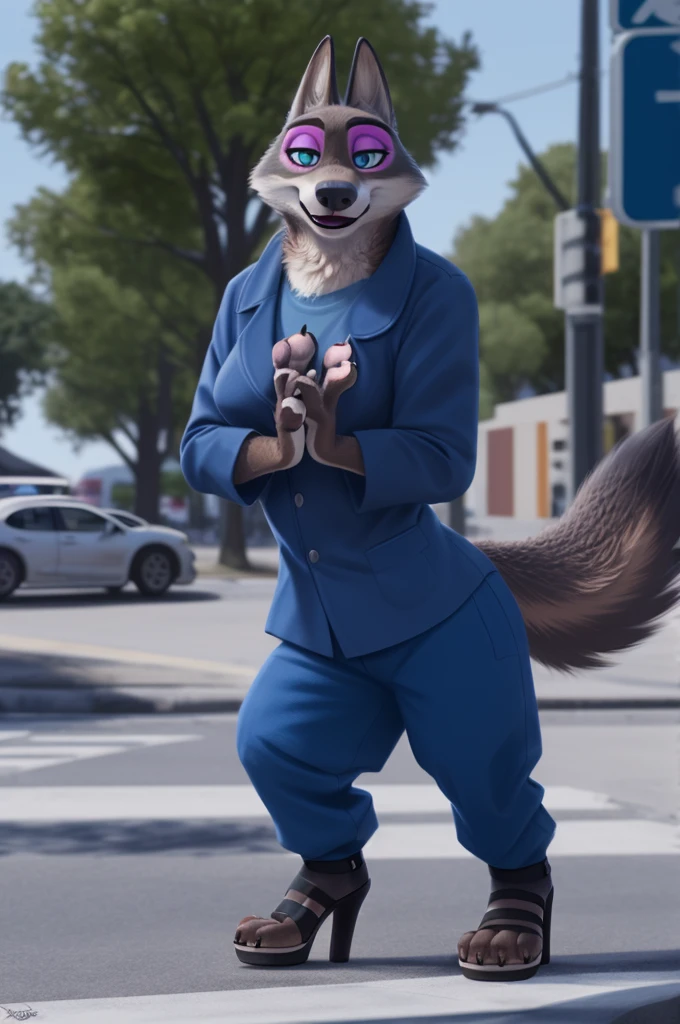 Emilia (Zootopia), wolf, Gray Fur, (brown body:1.3), Blue eyes, Zootopia, makeup,lipstick, dressed,blue blue jacket,shirt,blue pants,platform heel sandals,  female breast,canine, Wolf, Detailed fur, Female, antro, paw pads, finger claws, At the viewer, 5 fingers, paws, 5 fingers,goes to a women&#39;s shoe store and chooses heels,mood,open mouth, flash cameras, loving husband,two children,close to the camera,holding high heel sandals, 
BREAK from nextel, for dating, by xenoforge, (difficult, high detail, film photography, soft focus, RAW, fluororealism, realistic, photorealistic, digital style, Subsurface scattering,in a women&#39;s shoe store, 
masterpiece, Best quality, ultra realistic, 8 k)