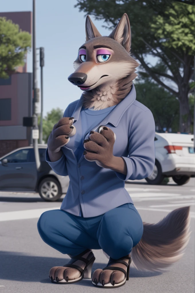 Emilia (Zootopia), wolf, Gray Fur, (brown body:1.3), Blue eyes, Zootopia, makeup,lipstick, dressed,blue blue jacket,shirt,blue pants,platform heel sandals,  female breast,canine, Wolf, Detailed fur, Female, antro, paw pads, finger claws, At the viewer, 5 fingers, paws, 5 fingers,goes to a women&#39;s shoe store and chooses heels,mood,open mouth, flash cameras, loving husband,two children,close to the camera,holding high heel sandals, 
BREAK from nextel, for dating, by xenoforge, (difficult, high detail, film photography, soft focus, RAW, fluororealism, realistic, photorealistic, digital style, Subsurface scattering,in a women&#39;s shoe store, 
masterpiece, Best quality, ultra realistic, 8 k)