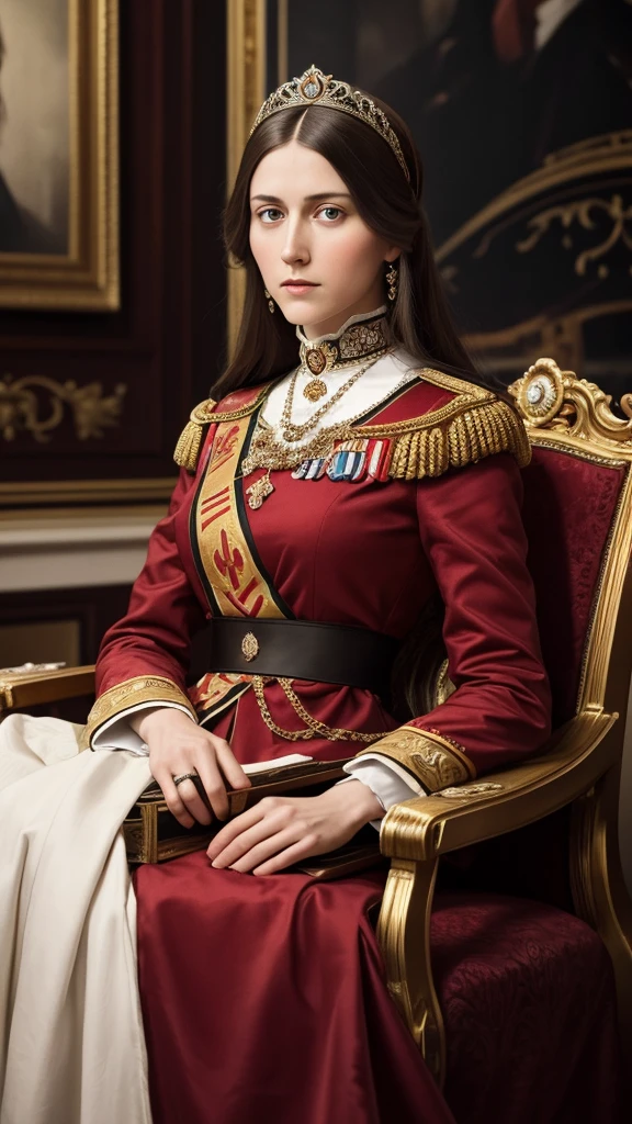 Rasputin and Tsarina Alexandra, a regal woman with a concerned expression, early 20th century, wearing elegant royal attire, sitting together in a luxurious drawing-room, with ornate furniture and a portrait of Tsar Nicholas II in the background, close-up, hyper-realistic, photo realism, cinematography. Camera lens size should be 200mm, aperture setting f/4.5, and ISO 1600. The artistic medium should be color photography