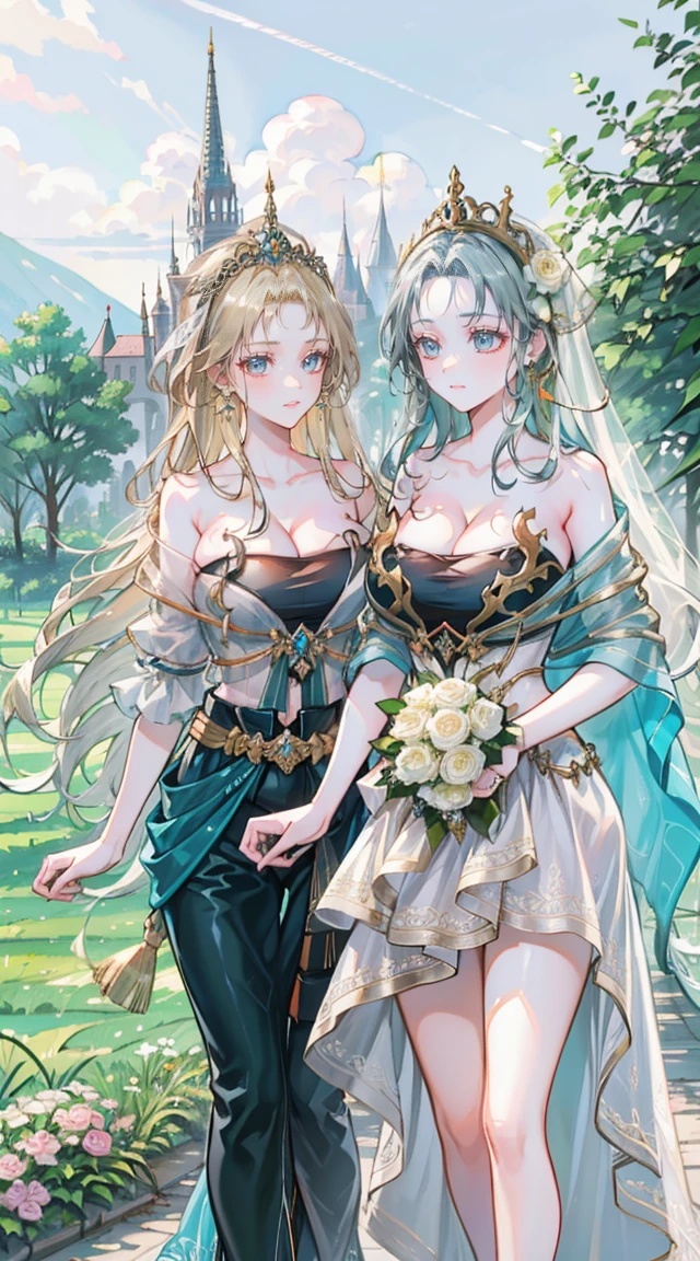 beautiful woman，Folk Girl，blonde with blue eyes，Twist，Wear a strapless wedding dress with no straps.，countryside，countryside，beautiful scenery，European Middle Ages，smile with teeth，forehead，forehead exposed，big tits，rift, (2 young women ,beautiful woman)