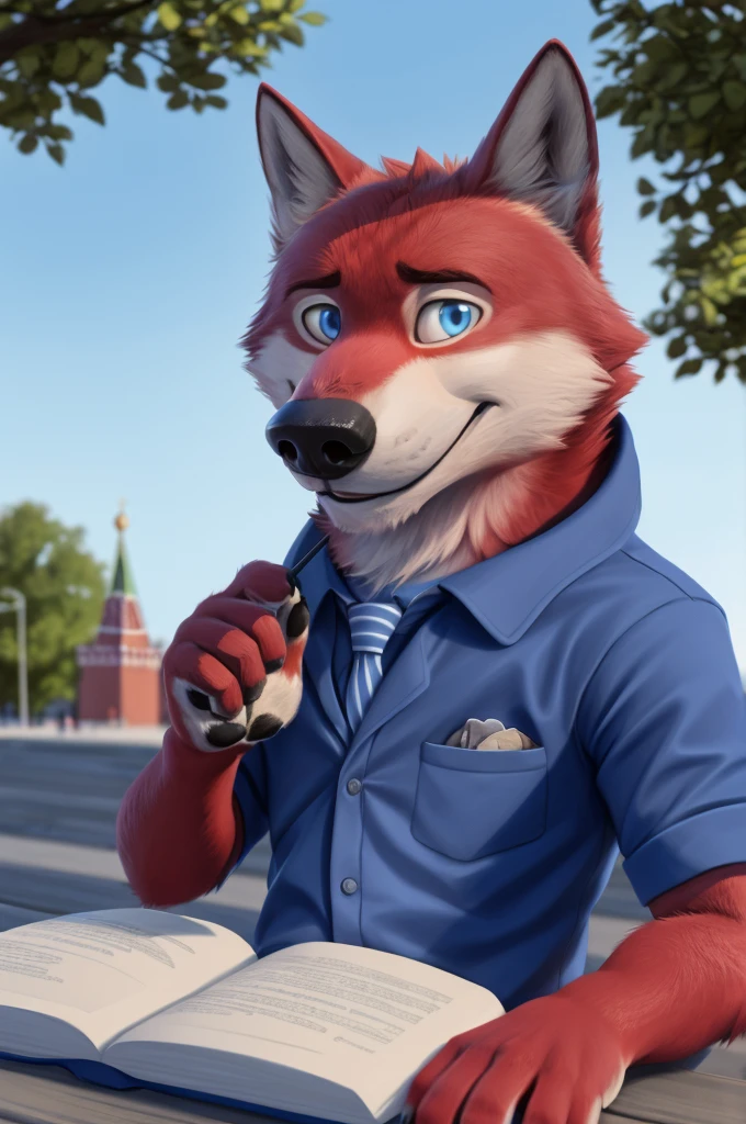 Ivan Wolfbach (Moscow),high,Beautiful,slim,24 years,wolf, red fur,high Beautiful wolf, 24 years,(red body:1.3),beautiful blue eyes,Moscow россия, shirt tie, trousers,canine, wolf, detailed fur, male, antro, paw pads, finger claws, at viewer, 5 fingers, paws, 5 fingers,day,digital photography, soft focus,good mood,photorealism, realistic, photorealistic,digital style,sitting close to home, writes a book, Poet, Very close to the camera, digital photography, smile positive, good,mood,,close to the camera, дома квартире writes a book,
masterpiece, Best quality, ultra realistic, 8 k)