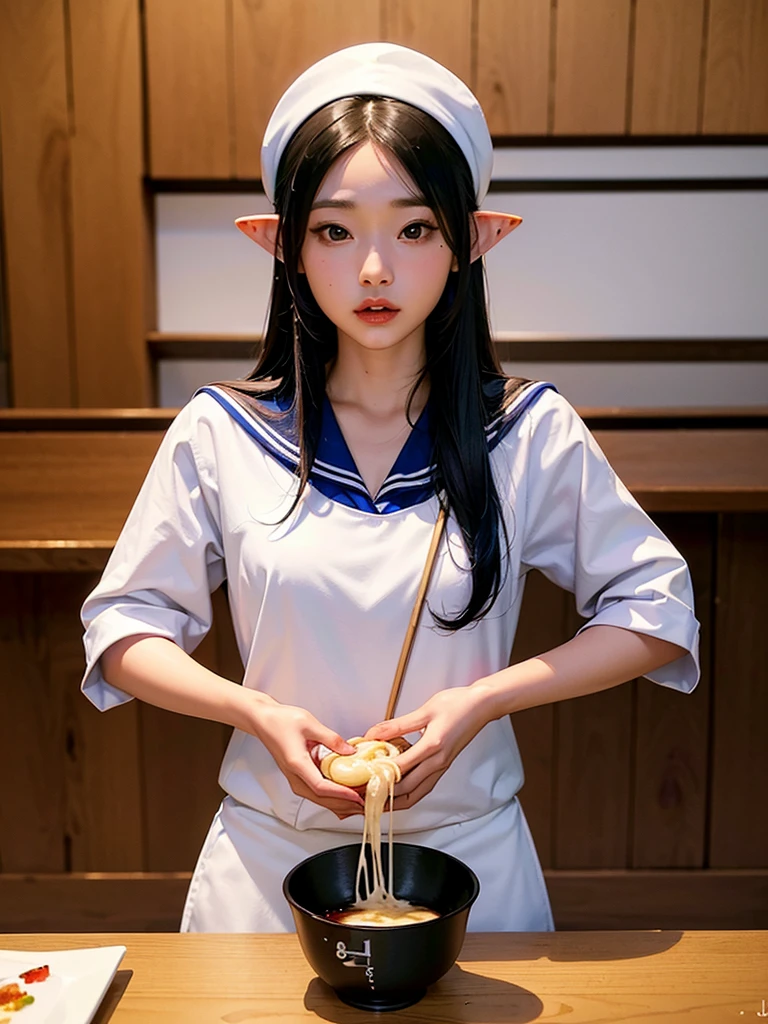 High resolution, 8K Ultra HD, ((ink and painting)),J((one girl elf)), Japanese udon restaurant. A black-haired elf wearing a sailor suit. An elf is eating, very wide udon served in a very small colander. There is nothing in the colander except white udon.