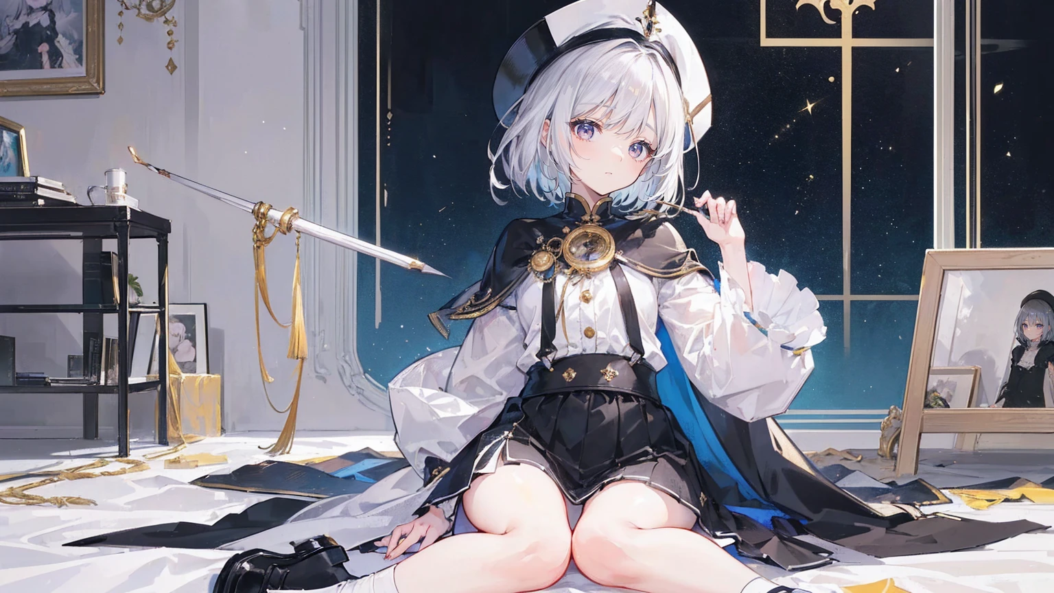 (Super detailed)),((illustration)),((masterpiece)),(((need))),((fine、Highest quality CG Unity 8K wallpapers,masterpiece),((4K,masterpiece,best quality)),Girl with short silver hair,flat chest,Gold and silver eyes,Golden apprentice clothes,Black short cape,Berets,Black shoes,White Silk,Monocle,The walls are covered with self-portraits that are slightly different from myself.,身边rainbow环绕,将画笔戳向rainbow中,Exhaustion,Overworked,There is a drawing board in front of me,In a white room,Paint condensed in the air,rainbow,individual,Full body picture