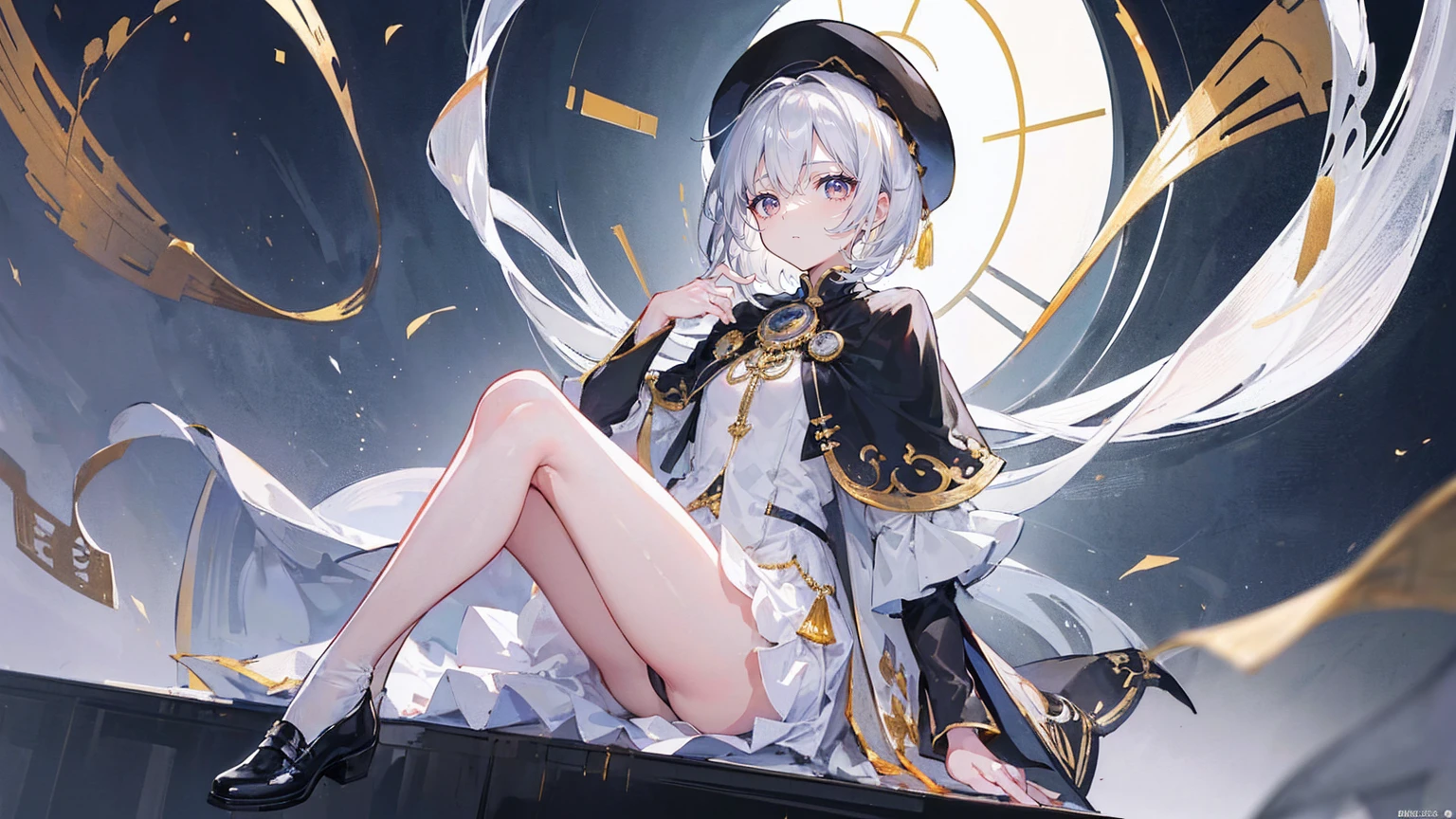 (Super detailed)),((illustration))，((masterpiece)),(((need))),((fine、Highest quality CG Unity 8K wallpapers，masterpiece），（（4K，masterpiece，best quality）），Girl with short silver hair，flat chest，Gold and silver eyes，Golden apprentice clothes，Black short cape，Berets，Black shoes，White Silk，Monocle，The walls are covered with self-portraits that are slightly different from myself.，身边rainbow环绕，将画笔戳向rainbow中，Exhaustion，Overworked，There is a drawing board in front of me，In a white room，Paint condensed in the air，rainbow，individual，Full body picture