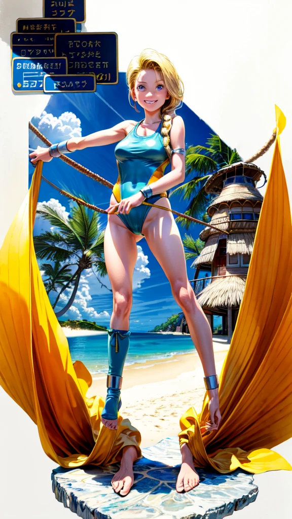 (masterpiece, highest quality:1.2), 1 girl, solo, 1 girl, Bianca, DQ5, illustration, anime style, long hair, blonde hair, single braid, blue eyes, smiling, Yellow  one-piece swimsuit, beach, full body standing pose