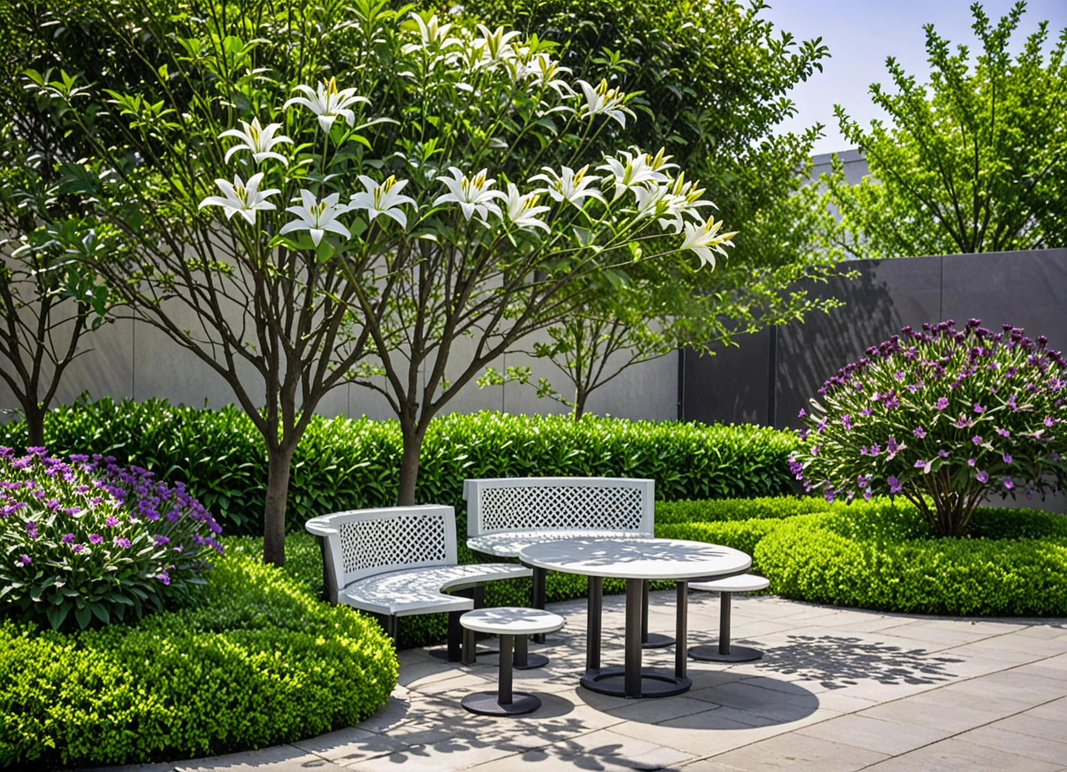 qlcd,tingyuan,no humans,scenery,tree,outdoors,bench,flower,chair,plant,day,shadow,This picture shows a modern style outdoor rest area. There is a circular table in the center of the area,on which a bunch of white lilies are placed. Four white mesh chairs were placed around the table. The background is a wall composed of dark gray vertical slats,surrounded by various plants,including purple flowers,green leafed shrubs,and a small tree. The entire scene is illuminated by sunlight, gate, sidewalk,