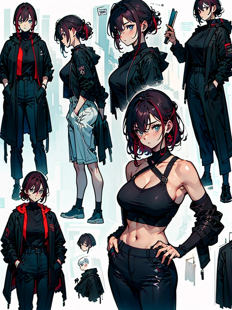 (watercolor: 1.2),, White Background, [1 Girl:7], (Tilt your head:1.2), ([sketch|watercolor \(Moderate\)]:1.15), (Ink blotches:1.1), (pale:1.2), Chaotic Abstract Background, Vector Trace, Gradient Blending,Robed, Black clothes, The skin is hidden, I was wearing long pants,cool,黒いRobed, Toned body, Wine red hair, one big woman,Updo, Nervous,Cowboy Shot