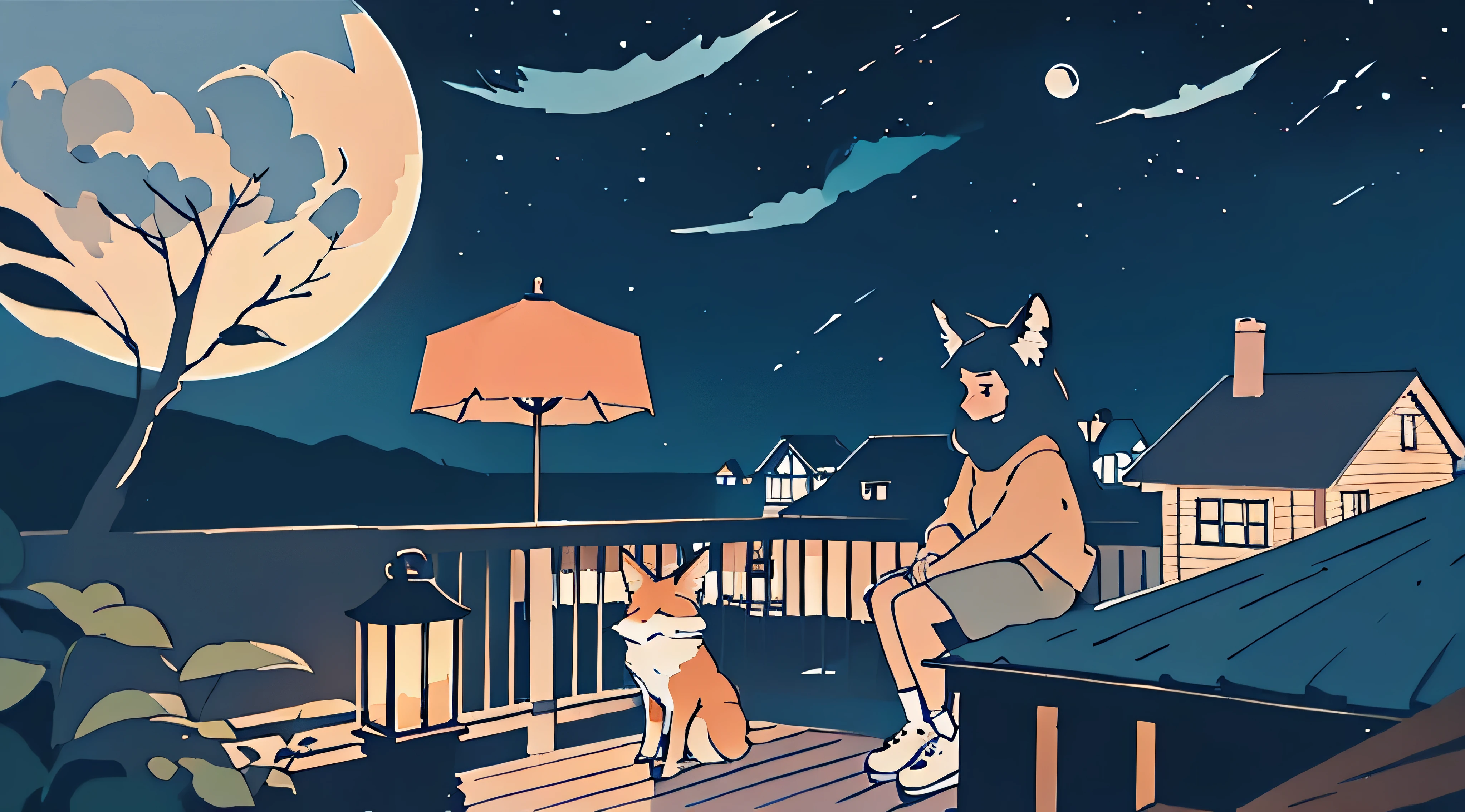 a girl sitting on a porch with a fox, with a view of the night sky