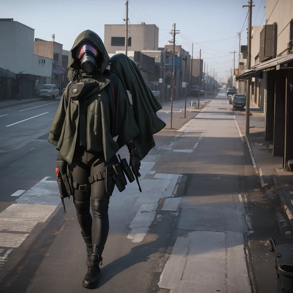 She is walking in middle of a street wearing a gas mask, abandon city with only one Power Nuclear Plant in the distance but there is not other people , there is a olive green toxic gas in the ambient, ultra high quality, 4K, low angle,