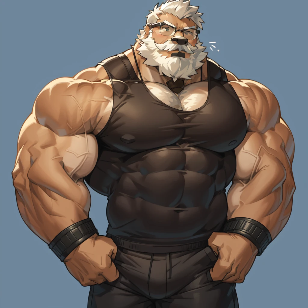 solo, 1boy, Huge Muscular Old Grizzly Bear wearing glasses , pectoral, huge pectoral, wide pectoral, short white hair, short pants, black wristbands and black tank top , bearded, Mustache, simple background, masterpiece, high detailed, 8k, high resolution, at the gym, flexes huge muscles