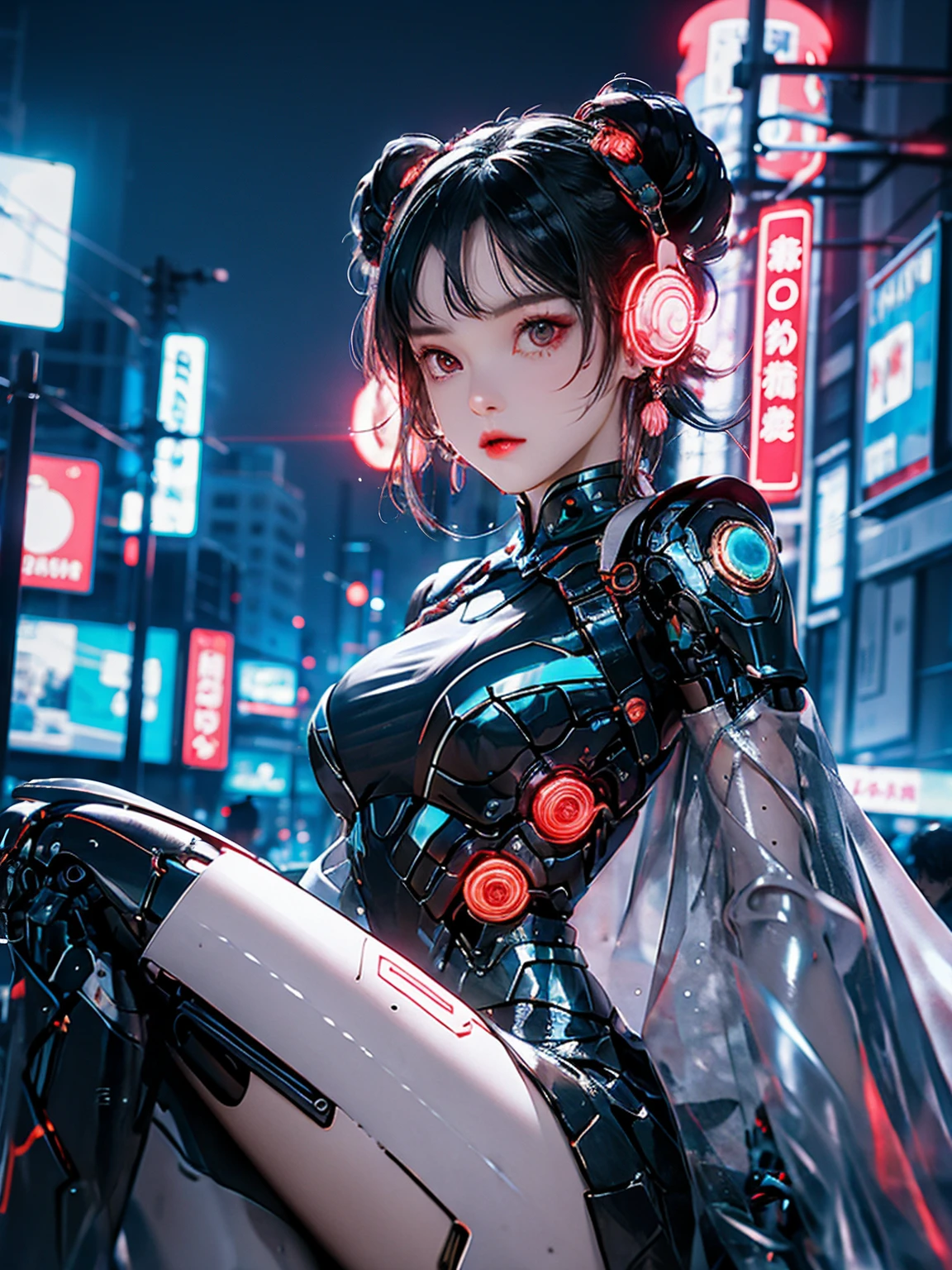 1 girl, Chinese_clothing, metallic black titanium and pink, Cyberhan, cheongsam, Cyberpunk city, Dynamic poses, Detailed glowing headphones, Glowing Hair Accessories, Long hair, Luminous Earrings, Glowing necklace, Cyberpunk, High-tech city, full of mechanical and Futuristic elements, Futuristic, technology, Glowing neon lights, pink, pink light, Sexy short skirt, Translucent black cape, laser light, Digital background city sky, Big Moon, with vehicles, best quality, masterpiece, 8K, Character edge light, Ultra-high detail, high quality, The most beautiful woman in the world, Smile, Face front,bilateral symmetry, earring, Long Antenna Glow, Beautiful student, Lighting Effects, Visual Data, Silver red orange hair dye, Ultra-fine facial texture, Happy, Weapon Systems, Crowded street with pedestrians, Mecha style, Elevated luminous antenna, back, Sitting girl