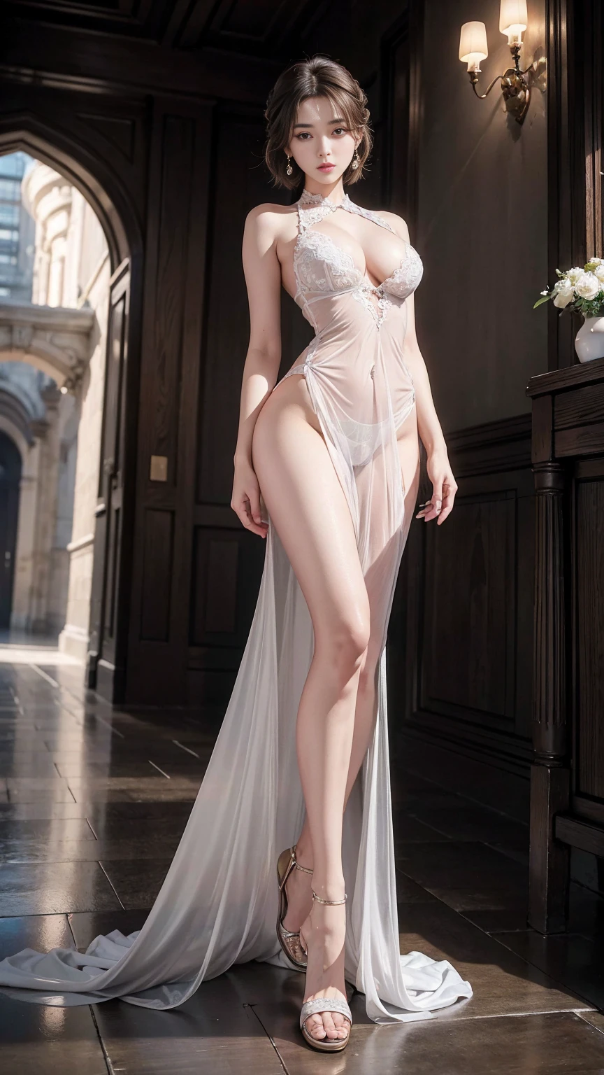 Full body of a very cute Asian girl standing in the ruins of an ancient civilization，Sex Appeal，Side angle，Upward-facing buttocks，((Raising chin))，((Lift your chin and look down:1.2))，A physically mature and seductive 15-year-old，((A seductive and sensual atmosphere))，Wearing a see-through long dress，The best sexy dresses，Gorgeous lace string panties are visible through the fabric，Ultra-high resolution:1.2，masterpiece:1.2，Ultra high definition，Physically Based Rendering，Cinematic Light，Photorealistic:1.5，Long eyelashes，Detailed eyes，double eyelid，View here，Highest quality，Big Breasts，Cleavage，(Perfect proportions:1.2)，Narrow waist，Perfect body，slender，Anatomically correct body，Very short bob hair，Light Brown Hair，Earrings，(Wearing lots of gorgeous accessories)，Disheveled and unkempt hair，((Very long legs))，Extremely sensual，Engage your audience，dynamic，Elegant and natural makeup，