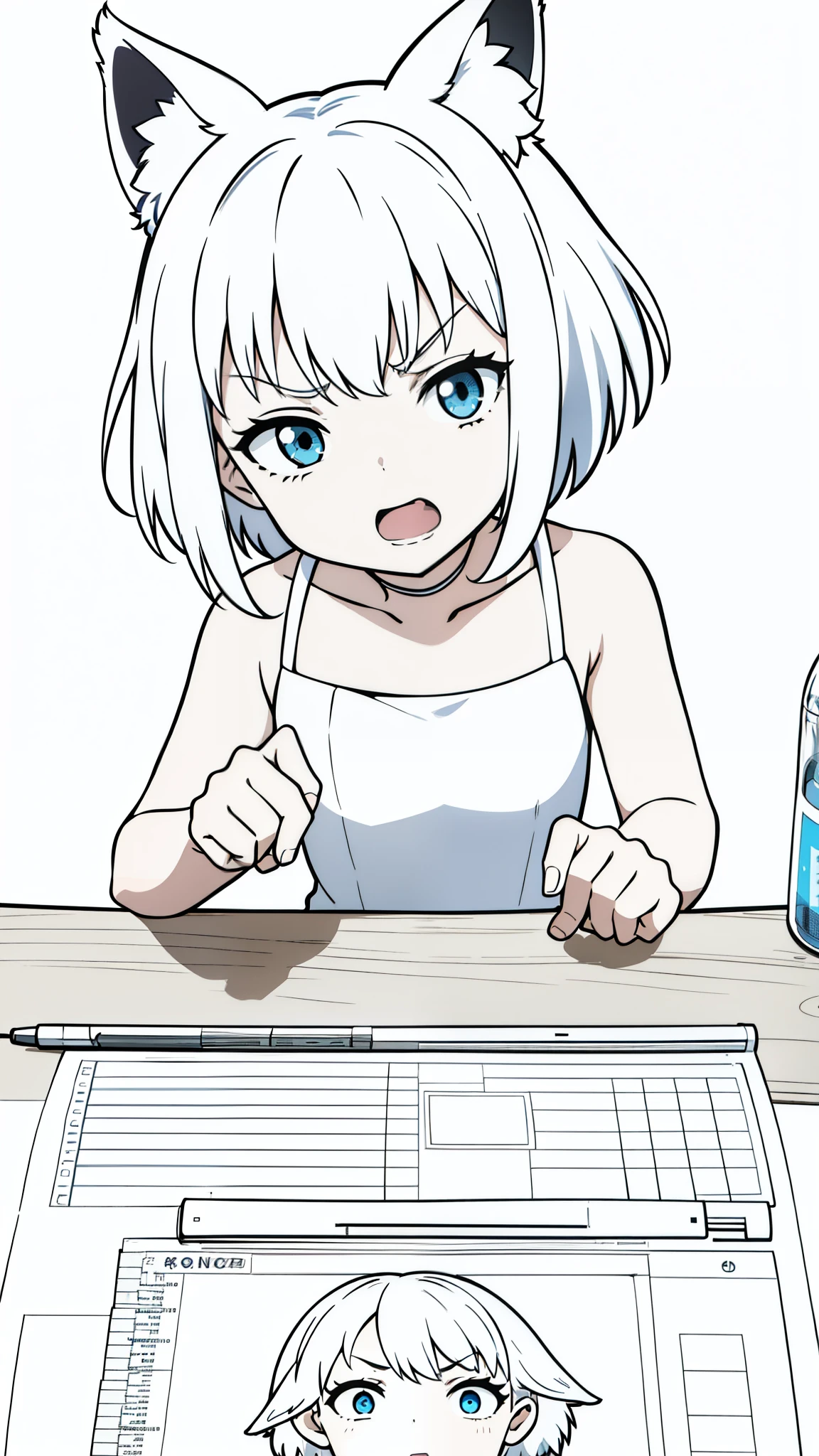 (1girl,8 years old,kid),solo,white hair,short hair,fox ears,(white background,line drawing),open mouth,angry,pov across table, from front
